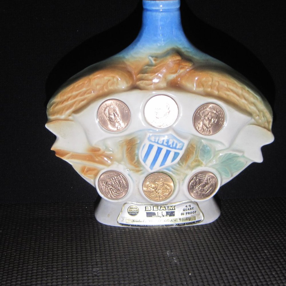 Vintage Jim Beam Whiskey Liberty Coins Decanter Collectible Empty Bottle 1970.